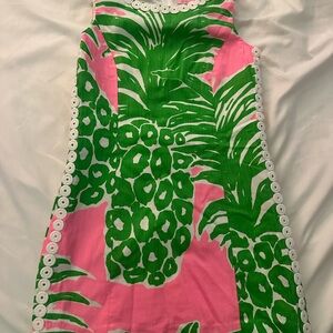 Lilly Pulitzer Green & Pink Tropical Shift Dress with White Eyelet Trim